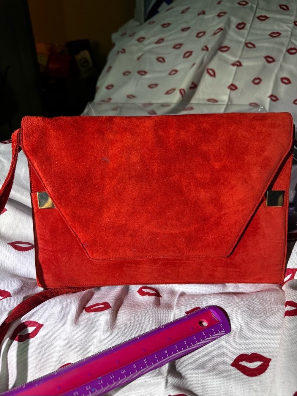 Vtg. Jay Hebert NYC Red Suede Envelope Bag great interior 80’s sheek glamcore